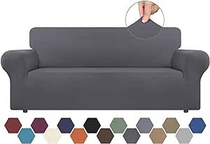 CWK Stretch Couch Covers for 3 Cushion Couch Sofa Spandex Non-Slip Soft Couch Sofa Cover Slipcovers,Furniture Protector with Non Skid Foam and Elastic Bottom for Kids,Dogs(Large, Dark Grey)
