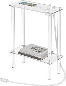 HMYHUM Acrylic Narrow Side Table with Charging Station, 7" Width, 2 Tier Small End Table for Small Spaces, Skinny Nightstand/Bedside Table with USB Ports & Outlet, Clear