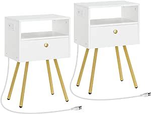 HOOBRO Nightstand with Charging Station, End Table with USB Ports and Outlet, Side Table for Tight Spaces, Solid and Stable, for Office, Bedroom, Study, White and Gold DW88UBZP201