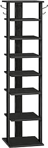 HOOBRO Vertical Shoe Rack, 8 Tier Shoe Storage Organizer with Hooks, Narrow Shoe Rack for 8 Pairs, Space Saving, Stable and Strong, for Entryway, Living Room, Bedroom, Black BK07XJ01
