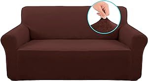 U-NICE HOME Velvet Loveseat Sofa Covers Couch Cover for 2 Cushion Couch Sofa Stretch Couch Cover Furniture Protector Sofa Slipcovers Couch Cover for Dogs (Medium, Chocolate)