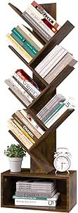 Yoobure Tree Bookshelf - 6 Shelf Retro Floor Standing Bookcase, Tall Wood Book Storage Rack for CDs/Movies/Books, Utility Book Organizer Shelves for Bedroom, Living Room, Home Office, Rustic Brown
