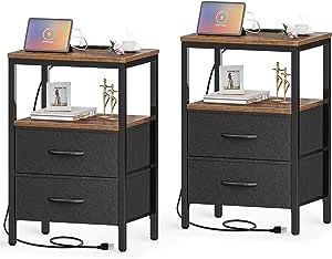 Huuger Nightstands Set of 2, End Tables with Charging Station, Side Tables with Fabric Drawers, Bedside Tables with USB Ports and Outlets, Night Stands for Bedroom, Rustic Brown