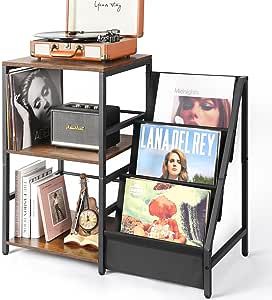 Bikoney Record Player Stand, Turntable Stand with 3-Tier Vinyl Record Storage, Record Player Table Holds Up to 200 Albums, End Table for Vinyl Records, Vinyl Record Holder Cabinet for Living Room