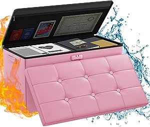 ENGPOW Storage Ottoman Bench,Fireproof Folding Storage Bench with Lock,30 Inches Fire&Water Resistant Storage Chest Foot Rest Stool Leather Bedroom Bench with Storage Safe for Document,Valuables,Pink