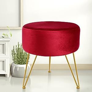 ECOMEX Velvet Round Ottoman with Metal Legs, Upholstered Round Footrest Stool Footrest Ottoman Vanity Makeup Stool Modern Furniture for Living Room Bedroom, Rose Red