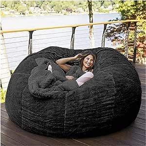 EKWQ 5 6 7 FT Bean Bag Chair Cover Chair Cushion, Big Round Soft Fluffy PV Velvet Sofa Bed Cover(it was only a Cover, not a Full Bean Bag) Living Room Furniture Lazy Sofa Bed Cover, Black, 5FT
