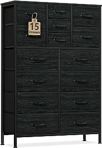 Furnulem Tall Dresser for Bedroom with 15 Drawers, Large Black Dresser, Storage Organizer Chest of Drawer for Closet, Living Room, Nursery, Metal Frame, Wooden Top Furniture (Black Oak)