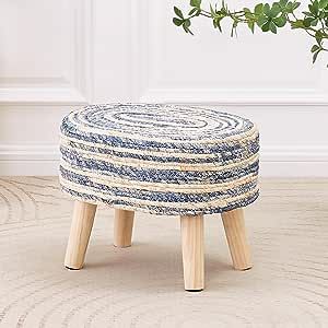 Cpintltr Ottoman Pouf Natural Seagrass Footrest Pouffe Hand Weave Boho Ottomans Footstool with Non-Skid Pine Legs for Bedroom Living Room Patio Mixed Blue