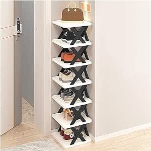 7 Tiers Small Shoe Rack,Narrow Vertical Free Standing Shoe Tower,Space Saving Furniture Shoe Storage Organizer for Corner,Entryway,Door,Hallway,Closet,Bedroom,Stable in Structure and Stackable,Black