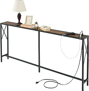 Gewudraw Console Table with Power Outlets, 68.5" Narrow Sofa Table with Charging Station & USB Ports, Entryway Table Behind Couch, Industrial Sofa Table for Hallway, Living Room, Bedroom