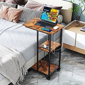 homsorout C Shaped End Table with Wheels and Charging Station, Stylish Sofa Side Table with USB Ports and Outlets for Small Spaces - The C Couch Table Small Side Table Perfect for Living Room, Bedroom