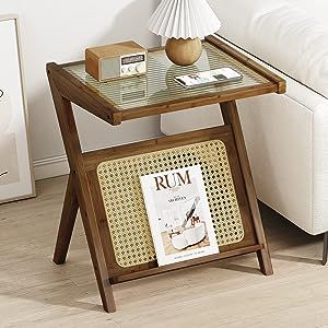 Bamworld Rattan Side Table Boho NightStand Mid Century Modern End Table Glass Bedside Table Small End Tables Bamboo Coffee Table with Storage for Living Room Bedroom