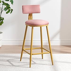 FELLYTN Velvet Bar Stools, 24”/29” Pink Counter Height Barstool with Back, Modern Round Counter Stools and Gold Metal Kitchen Height Chairs for Bar Pub Cafe